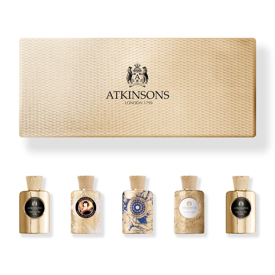 Ақ фондағы алтын гильоше қобдиша және бес Atkinsons миниатюрасы